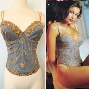 90s Victoria’s Secret Gold Embroidered Blue Gray Vintage Corset Bustier Top 36C🔥